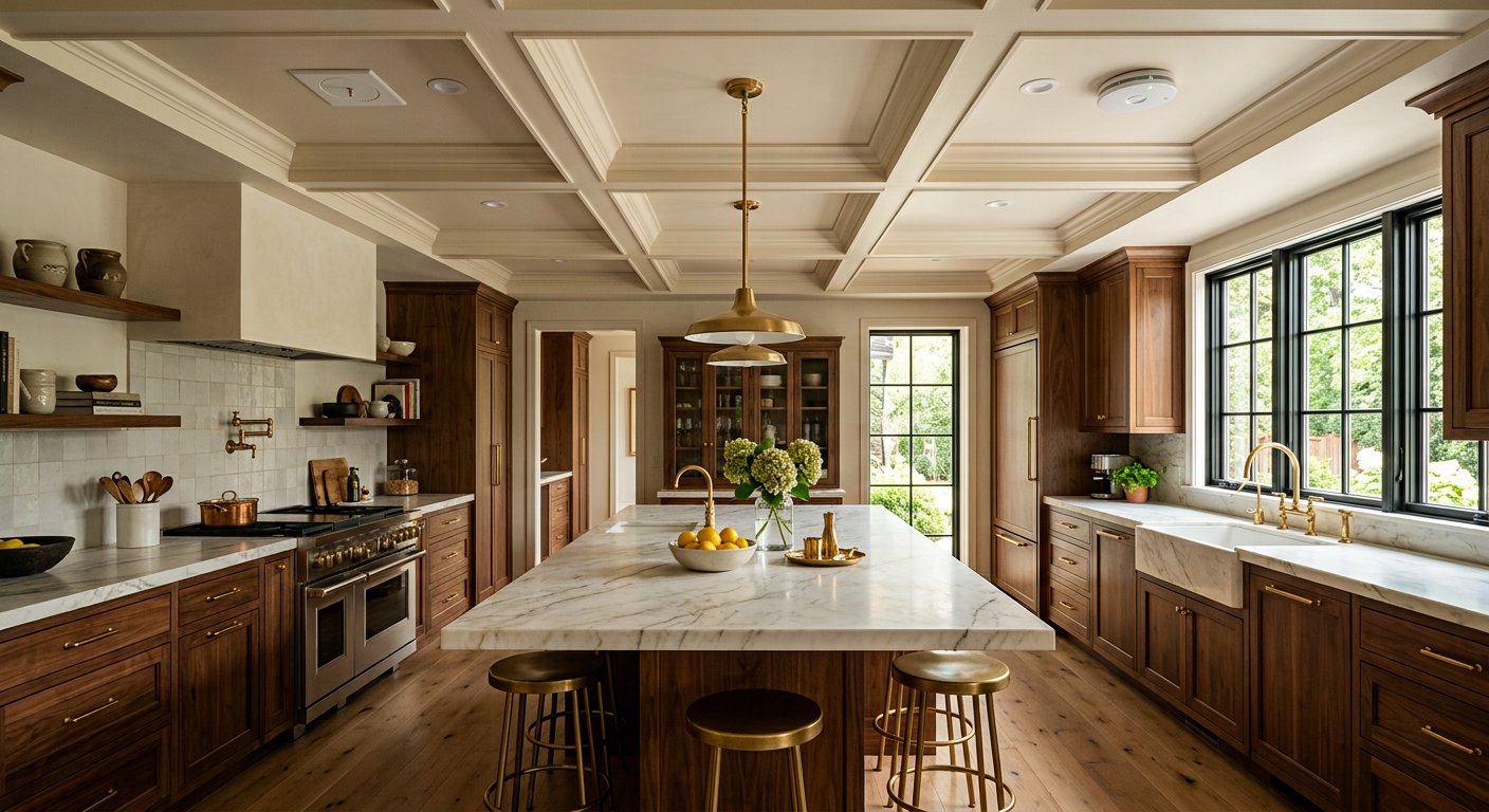Luxury kitchen with coffered ceiling and tastefully integrated fire safety devices